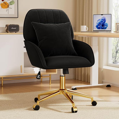 Home Office Desk Chair Comfy with Adjustable Swivel Wheels, Modern Velvet Makeup Vanity Chair with Back & Pillow, Ergonomic Office Chair Computer Task Chair for Living Room, Bedroom, Black