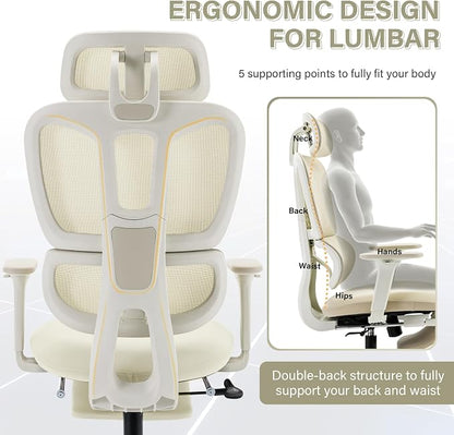 Ergonomic Mesh Office Chair with Retractable Footrest - High Back Computer Chair, Lumbar Support, Adjustable Armrest and Headrest, Durable Base - Multifunctional Home Office Desk Chair for Adults