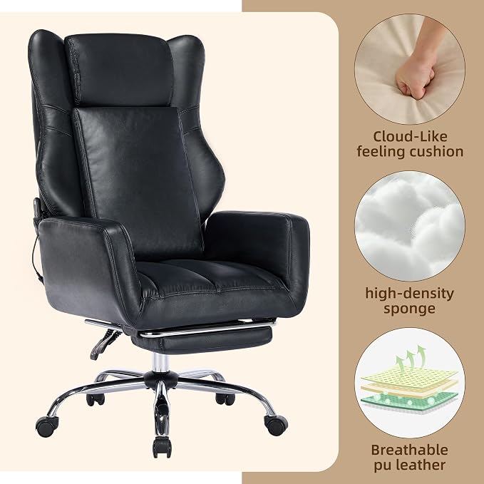 DYHOME Black Leather Office Chair,Criss Cross Office Chair with Massage and Footrest, Heavy Duty Desk Chair Swivel Ergonomic Computer Gaming Chairs with Lumbar Support, Wheels Flip-up Arms Adjustable