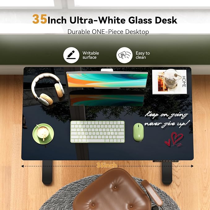Gibbon Mounts Glass Standing Desk with Drawer, Electric Sit Stand Desk with Wheels, 35×20Inch Whole Piece Height Adjustable Rising Table, Small Computer Workstation, Black