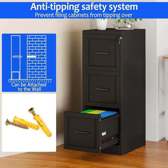 Small Metal 3-Drawer File Cabinet, Under-Desk Filing Cabinet, Black | Locking, Adjustable Hanging Rail, Fit A4, FC, Letter, Hanging File Folders for Home Office Storage Organization, 1PS