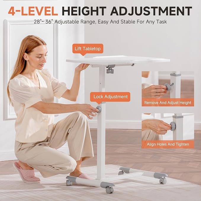 GTPLAYER Small Standing Desk, 28 Inches Tiltable Mobile Rolling Laptop PC Table with Lockable Casters, Adjustable Height Overbed Bedside Table Computer Workstation for Home Office, White-Tiltable