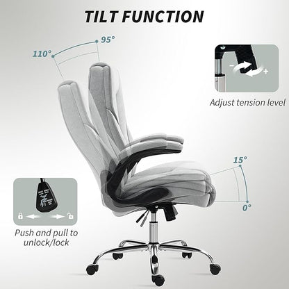 HOMCOM High Back Office Chair, Executive Desk Chair with Swivel Wheels, Flip-up Armrest, Adjustable Height, Modern Diamond Fabric Computer Chair for Home Office, Gray