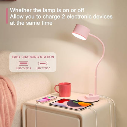 LiFMIRA Cute Desk Lamp with USB C + A Charging Port, 5 Colors Dimmable Reading Lamps, Minimalist Pink Lamp for Kids, Eye Care Metal Bedside Table Lamp with Timer Flexible Desk Light for Home Office