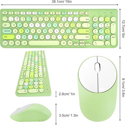 Wireless Keyboard and Mouse Combo, Retro Typewriter Keyboard with Round Keycaps, 2.4GHz USB Cute Wireless Keyboard Mouse for Computer, Desktop, Laptop (Green Colorful)