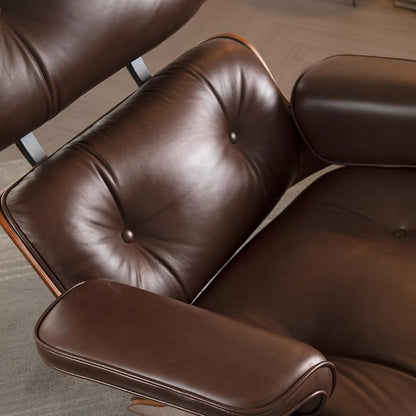 Mid Century Chaise Lounge Chair with Ottoman, Luxury Oil-Waxed Leather Reading Chair, Modern Chair Classic Design, Heavy Duty Base Support for Living Room Study Lounge Office Walnut Dark Brown