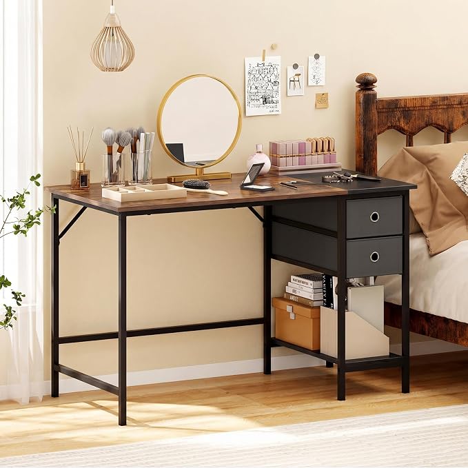 Giantex 48" Computer Desk with 2 Fabric Drawers, Industrial Home Office Desk with Open Storage Shelf, 2-Toned Finish & Metal Frame, Gaming Study Writing Table for Small Space, Bedroom, Rustic Brown