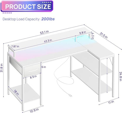 Alpen Computer Desk, L Shaped Desk for Gaming, Home Office Desk with LED Lights, Reversible Corner Desk with Shelves and Drawer, PC Desk for Living Room, Bedroom, 53 Inch, White