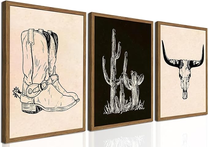 Vintage Western Wall Art Set of 3, Southwestern Cowboy Wall Decor Paintings, Black and White Longhorn Bull Skull Canvas Prints for Bedroom Living Room 12x16 inch Wood Framed