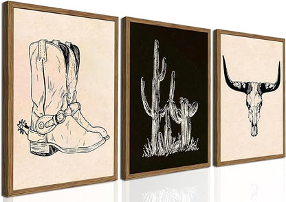 Vintage Western Wall Art Set of 3, Southwestern Cowboy Wall Decor Paintings, Black and White Longhorn Bull Skull Canvas Prints for Bedroom Living Room 12x16 inch Wood Framed