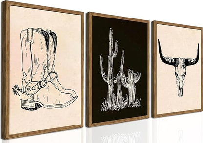 Vintage Western Wall Art Set of 3, Southwestern Cowboy Wall Decor Paintings, Black and White Longhorn Bull Skull Canvas Prints for Bedroom Living Room 16x24 inch Wood Framed