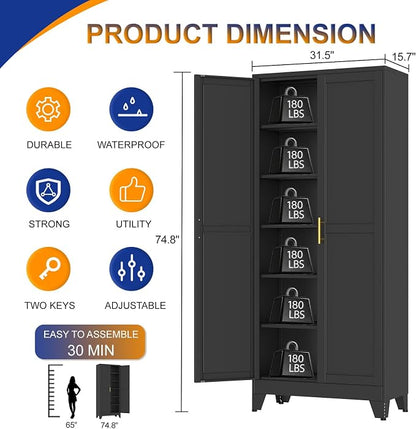 Metal Storage Cabinet with 2 Doors and 5 Adjustable Shelves - 75.2" Steel File Cabinet,Tool Cabinets for Office,Home,Garage,Gym,School (Black)