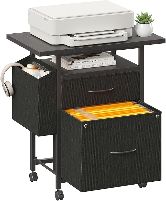 DUMOS 2 Drawer Mobile File Cabinet, Fabric Filing Cabinet with 24'' Desktop,Small Office Drawers Under Desk Fits A4 Size, Rolling Printer Stand with Storage Side Bag for Home Office, Black