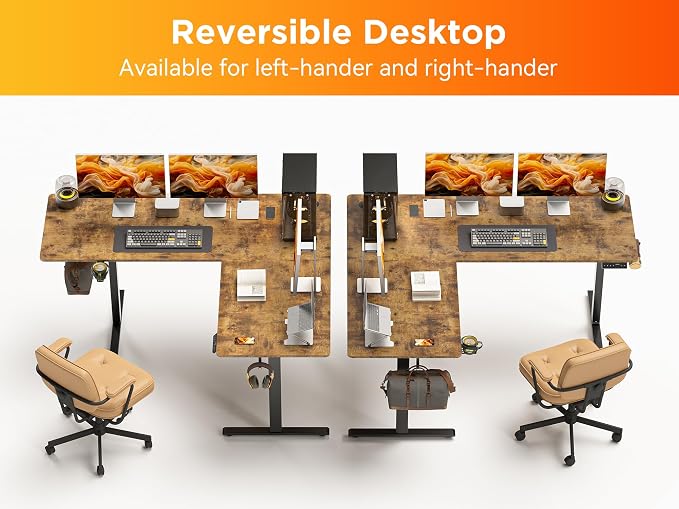 WALKINGDESK 75x61 Inches Reversible L Shaped Standing Desk Height Adjustable with Cup Holder, Electric Corner Computer Workstation for Home Office, Ergonomic Sit Stand up Gaming Desk, Rustic Brown
