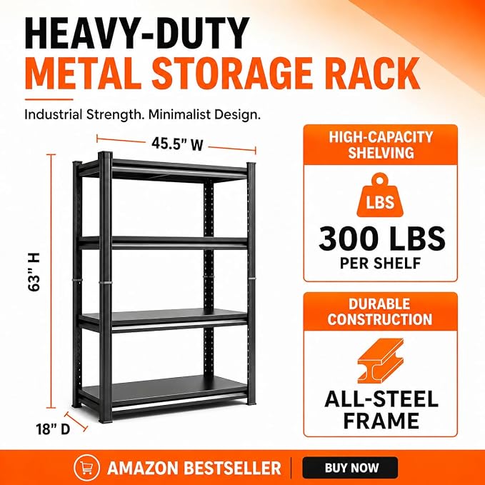 Bolt-Free 4 Tier Metal Bookshelf, 45.5"W Adjustable Tall Bookcase, 1800LBS Heavy Duty Deep Book Shelf, 2 in 1 Industrial Black Wide Bookshelf, Modern Bookshelves for Bedroom, Living Room, 16"D x 63"H