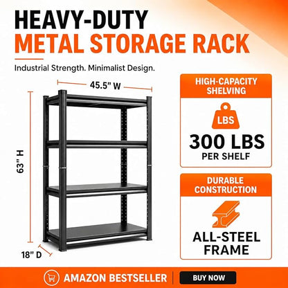 Bolt-Free 4 Tier Metal Bookshelf, 45.5"W Adjustable Tall Bookcase, 1800LBS Heavy Duty Deep Book Shelf, 2 in 1 Industrial Black Wide Bookshelf, Modern Bookshelves for Bedroom, Living Room, 16"D x 63"H