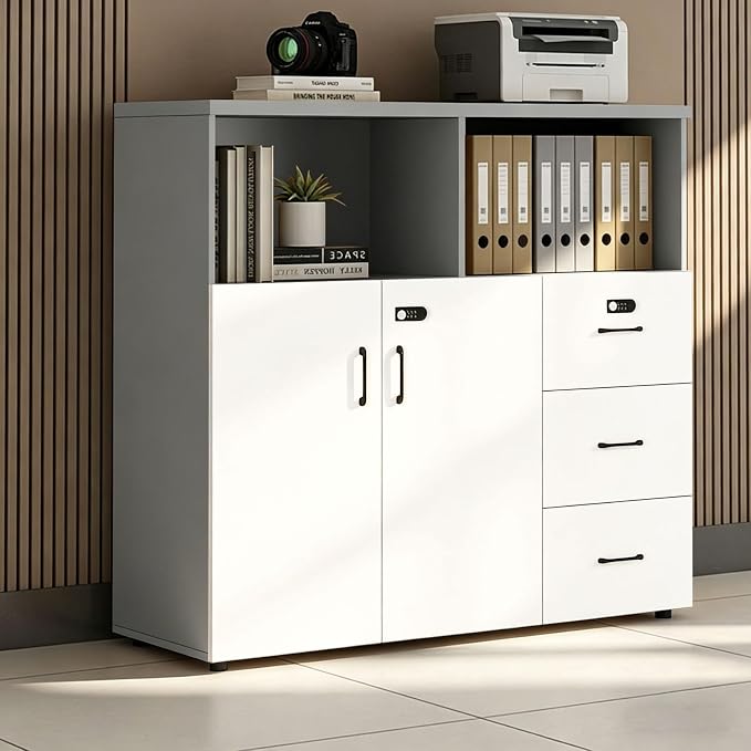 File Cabinet with Password Lock, Wood Lateral Filing Cabinet for Letter/A4 Files, 3 Drawer with Door, Printer Stand with Open Shelves for Home Office