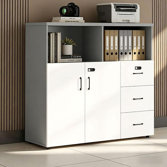 File Cabinet with Password Lock, Wood Lateral Filing Cabinet for Letter/A4 Files, 3 Drawer with Door, Printer Stand with Open Shelves for Home Office