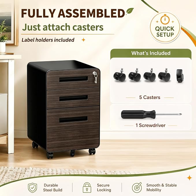 SAWJEC 3 Drawer File Cabinet with Lock, Rolling Printer Stand Under Desk, Fully Assembled Mobile Filing Cabinet fits Legal/Letter Size, Black Home Office Storage, 18" D x 167" W x 23" H