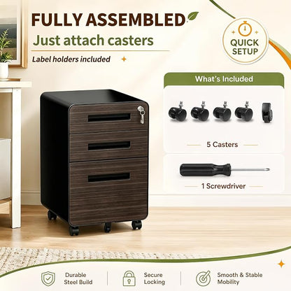 SAWJEC 3 Drawer File Cabinet with Lock, Rolling Printer Stand Under Desk, Fully Assembled Mobile Filing Cabinet fits Legal/Letter Size, Black Home Office Storage, 18" D x 167" W x 23" H