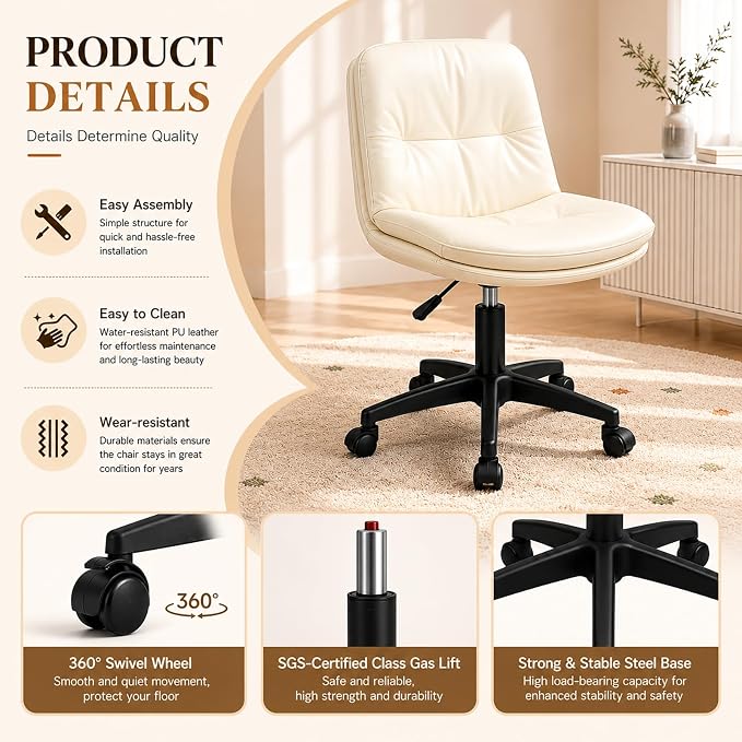 Vanity Chair with Back, PU Leather Swivel Office Desk Chair, Height Adjustable Armless Chair for Small Spaces, Bedroom, Vanity, Home Office Beige
