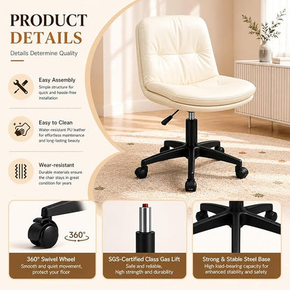 Vanity Chair with Back, PU Leather Swivel Office Desk Chair, Height Adjustable Armless Chair for Small Spaces, Bedroom, Vanity, Home Office Beige