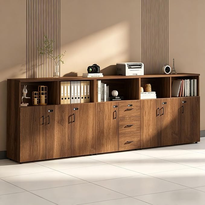 File Cabinet with Password Lock, Wood Lateral Filing Cabinet for Letter/A4 Files, 3 Drawer with Door, Printer Stand with Open Shelves for Home Office