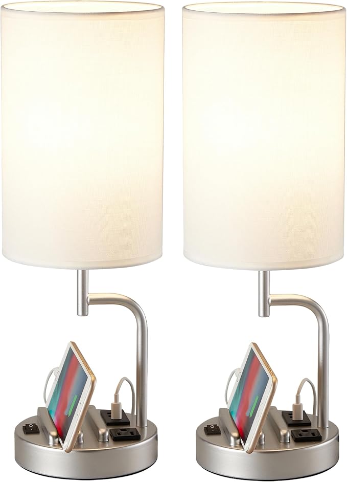 Dreamholder Table Lamp with 3 USB Charging Ports, Modern Desk Lamp with AC Outlet and Phone Stands, Perfect Bedside Lamp for Bedroom, Living Room, Office (Pack of 2), Silver