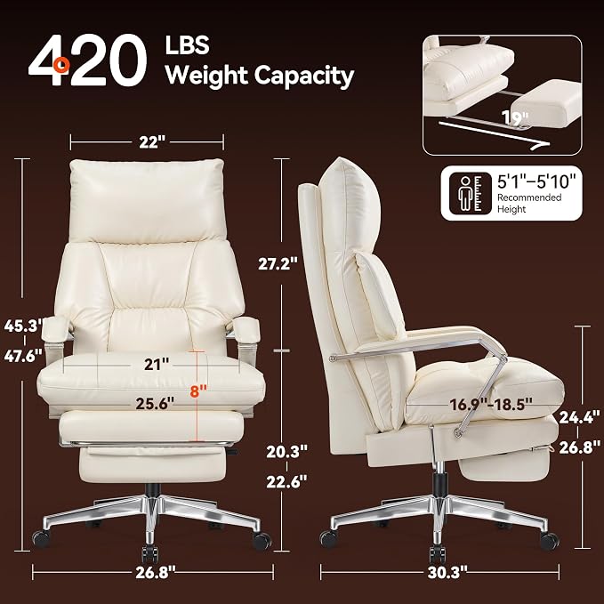 OKUP M76 160° Reclining Executive Office Chair with Footrest, Adjustable Seat Depth Leather Office Chair, 8" Thick Sofa-Like Cushion, 420 lb Reinforced High Back Desk Chair for Home Office, Cream