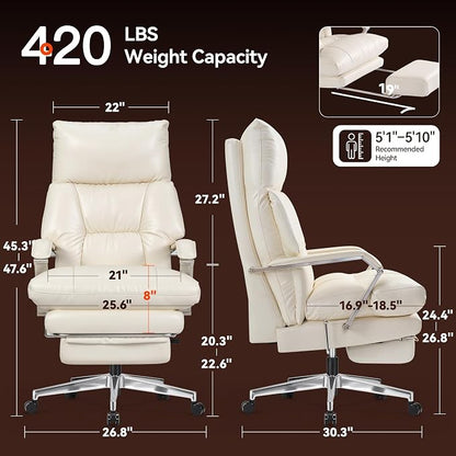 OKUP M76 160° Reclining Executive Office Chair with Footrest, Adjustable Seat Depth Leather Office Chair, 8" Thick Sofa-Like Cushion, 420 lb Reinforced High Back Desk Chair for Home Office, Cream
