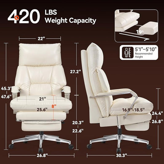 OKUP M76 160° Reclining Executive Office Chair with Footrest, Adjustable Seat Depth Leather Office Chair, 8" Thick Sofa-Like Cushion, 420 lb Reinforced High Back Desk Chair for Home Office, Cream