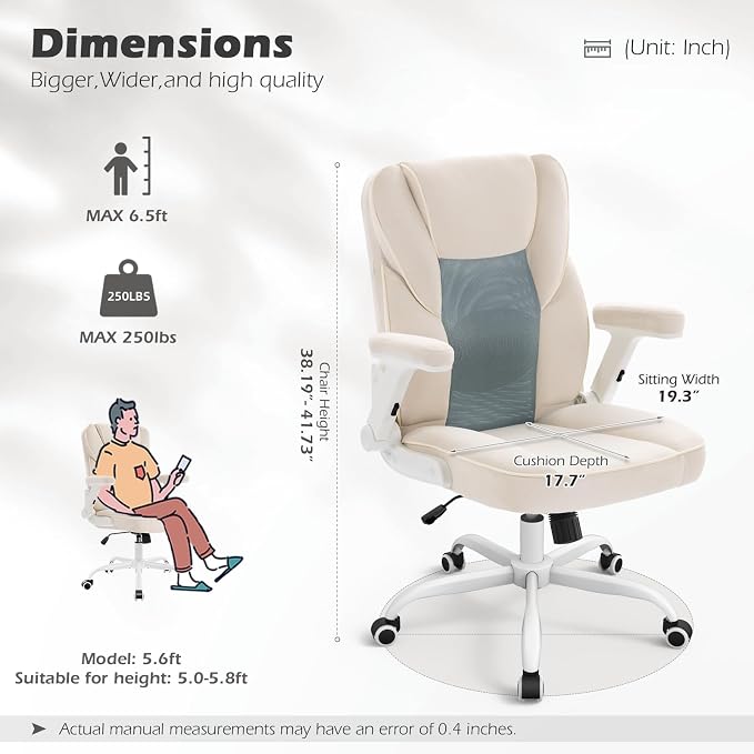 SEATZONE Home Office Desk Chairs with Wheels and Armrests,Office Chair Comfortable Ergonomic Mesh with Teddy Fleece Fabric Executive Computer Chairs for Adults and Teens,Beige