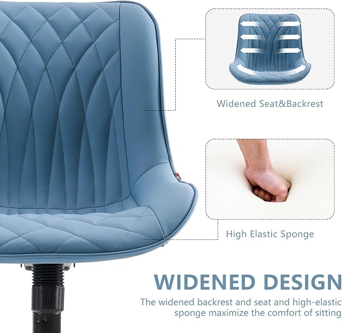YOUNIKE Blue Office Desk Chair No Arms Vanity Chair with Wheels Modern | Armless, ergonomic high-back design. Comfortable padding and waterproof faux leather. Swivel and height-adjustable.