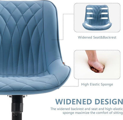 YOUNIKE Blue Office Desk Chair No Arms Vanity Chair with Wheels Modern | Armless, ergonomic high-back design. Comfortable padding and waterproof faux leather. Swivel and height-adjustable.