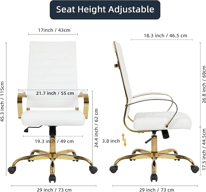 LANDSUN Home Office Chair High Back Executive Chair Ribbed PU Leather Computer Desk Chair with Armrests Soft Padded Adjustable Height Swivel Conference Gold Frame White