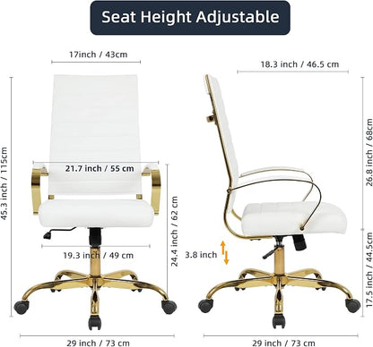 LANDSUN Home Office Chair High Back Executive Chair Ribbed PU Leather Computer Desk Chair with Armrests Soft Padded Adjustable Height Swivel Conference Gold Frame White