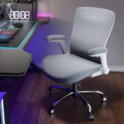 Ergalithic Office Home Ergonomic Desk Chair-Computer X-Shaped Chair Mesh PU Leather with Adjustable Lumbar Support-Executive Chair High Back Flip-Up Arms for Long Hours (White-Grey-No Headrest)