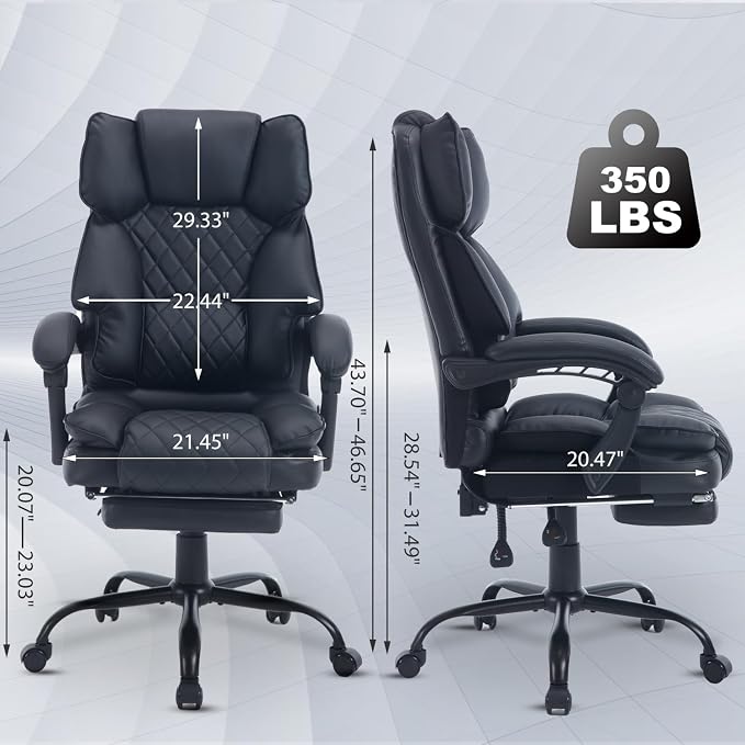 Big Tall Reclining Executive Office Chair with Footrest, 400lbs Ergonomic Recliner Desk Chairs with Lumbar Support, Heavy Duty High Back Lower Back Support Computer Chair with Wheels, Black