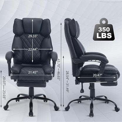Big Tall Reclining Executive Office Chair with Footrest, 400lbs Ergonomic Recliner Desk Chairs with Lumbar Support, Heavy Duty High Back Lower Back Support Computer Chair with Wheels, Black