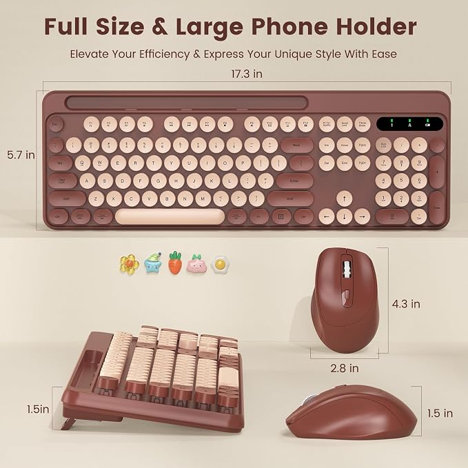 Wireless Keyboard and Mouse Combo, Retro Round Keycaps, Full-Size Stylish Typewriter Keyboard with Phone/Tablet Holder, Ergonomic Mouse with 3-Level DPI, 2.4GHz Connection for Windows/PC (Burgundy)