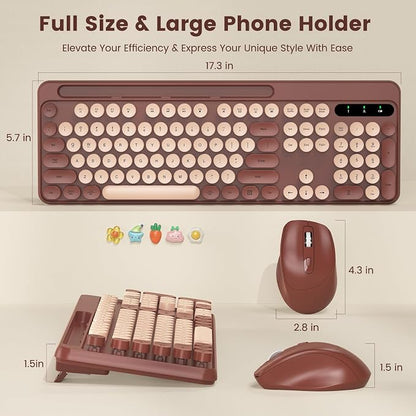 Wireless Keyboard and Mouse Combo, Retro Round Keycaps, Full-Size Stylish Typewriter Keyboard with Phone/Tablet Holder, Ergonomic Mouse with 3-Level DPI, 2.4GHz Connection for Windows/PC (Burgundy)