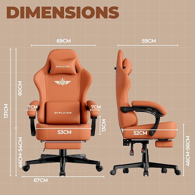 GTPLAYER Big and Tall Gaming Chair 400lbs Heavy Duty Office Chair with Footrest, High Back Pocket Spring Ergonomic Computer Chair for Adults, Wide Seated Cushion with Linkage Armrests,Leather Orange