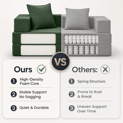 COMAX Futon Sofa Bed, 4‑in‑1 Convertible Sofa Bed, Folding Boneless Couches | Boneless Couch for living room, Fold Out Small Foldable Loveseat Floor Sleeper Mattress Lounge Space‑Saving, Green