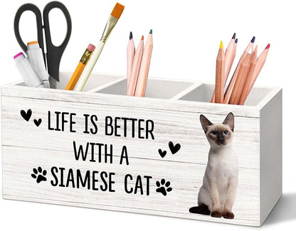 Siamese Cat Gifts Pen Holder for Desk, Gifts for SiameseCat Lovers Owners Pencil Organizer, Life is Better with A Siamese Cat Wood Pen Holder Desk Accessories Decor for Home Office