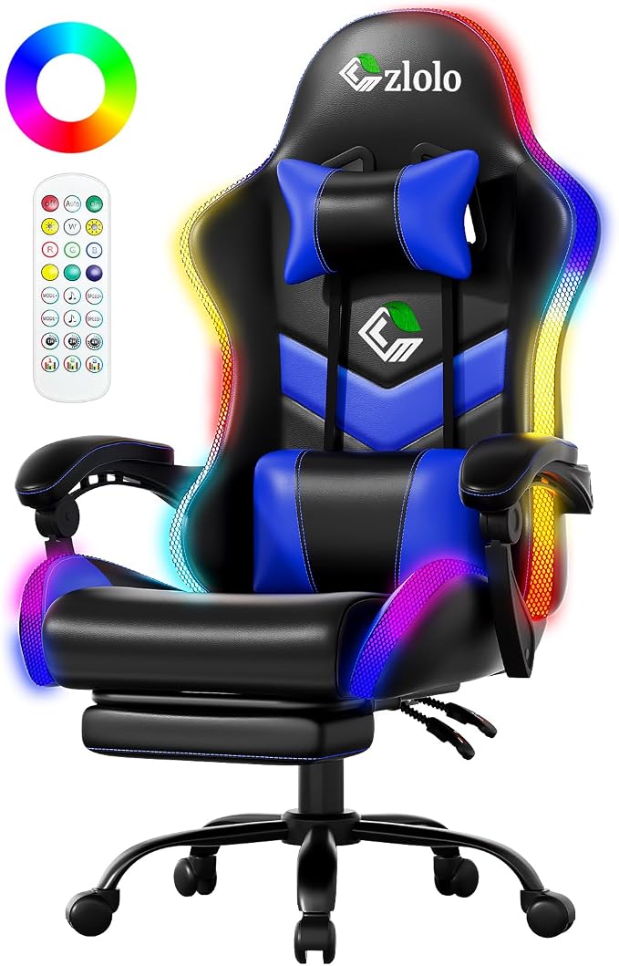 Czlolo Gaming Chair, 2026 Upgraded RGB LED Lights Computer Chair with Footrest, Lumbar Support Massager Gamer Chair, High Back, 90-135° Reclining, Linkage Armrests, Blue