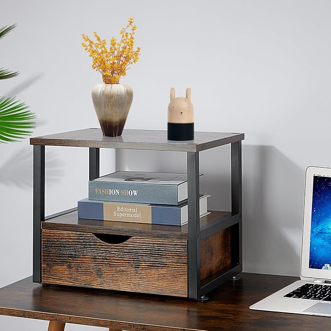 2 Tier Desktop Printer Stand,Printer Stand with Drawers,Printer Shelf for Top of Desk ，Multi-Purpose Desk Organizer for Home Office, Fit Fax Machine, Scanner,Rustic Brown