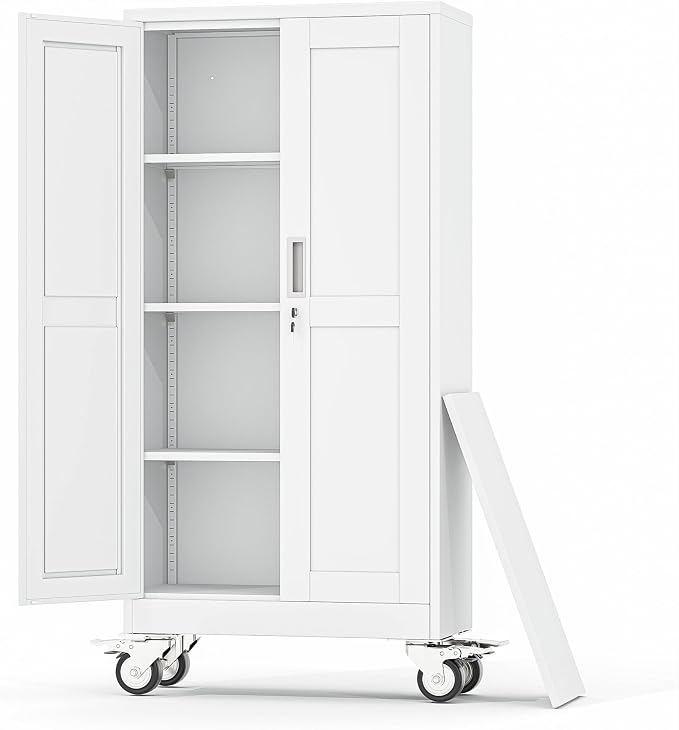 Metal Garage Storage Cabinets and storage system, 61”Tall Rolling utility cabinet with Wheels, Lock, 3 Adjustable Shelves, Heavy Duty Steel Tool Locker for Home Office, Utility Room, Gym,White