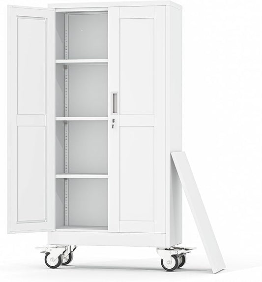 Metal Garage Storage Cabinets and storage system, 61”Tall Rolling utility cabinet with Wheels, Lock, 3 Adjustable Shelves, Heavy Duty Steel Tool Locker for Home Office, Utility Room, Gym,White