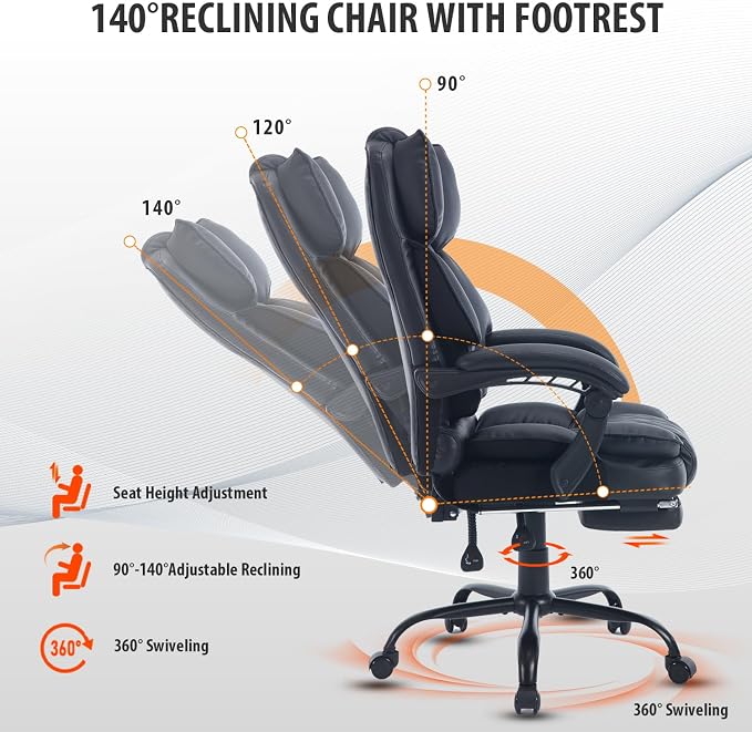 Big Tall Reclining Executive Office Chair with Footrest, 400lbs Ergonomic Recliner Desk Chairs with Lumbar Support, Heavy Duty High Back Lower Back Support Computer Chair with Wheels, Black