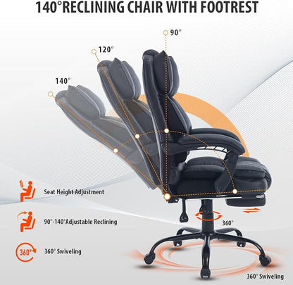 Big Tall Reclining Executive Office Chair with Footrest, 400lbs Ergonomic Recliner Desk Chairs with Lumbar Support, Heavy Duty High Back Lower Back Support Computer Chair with Wheels, Black